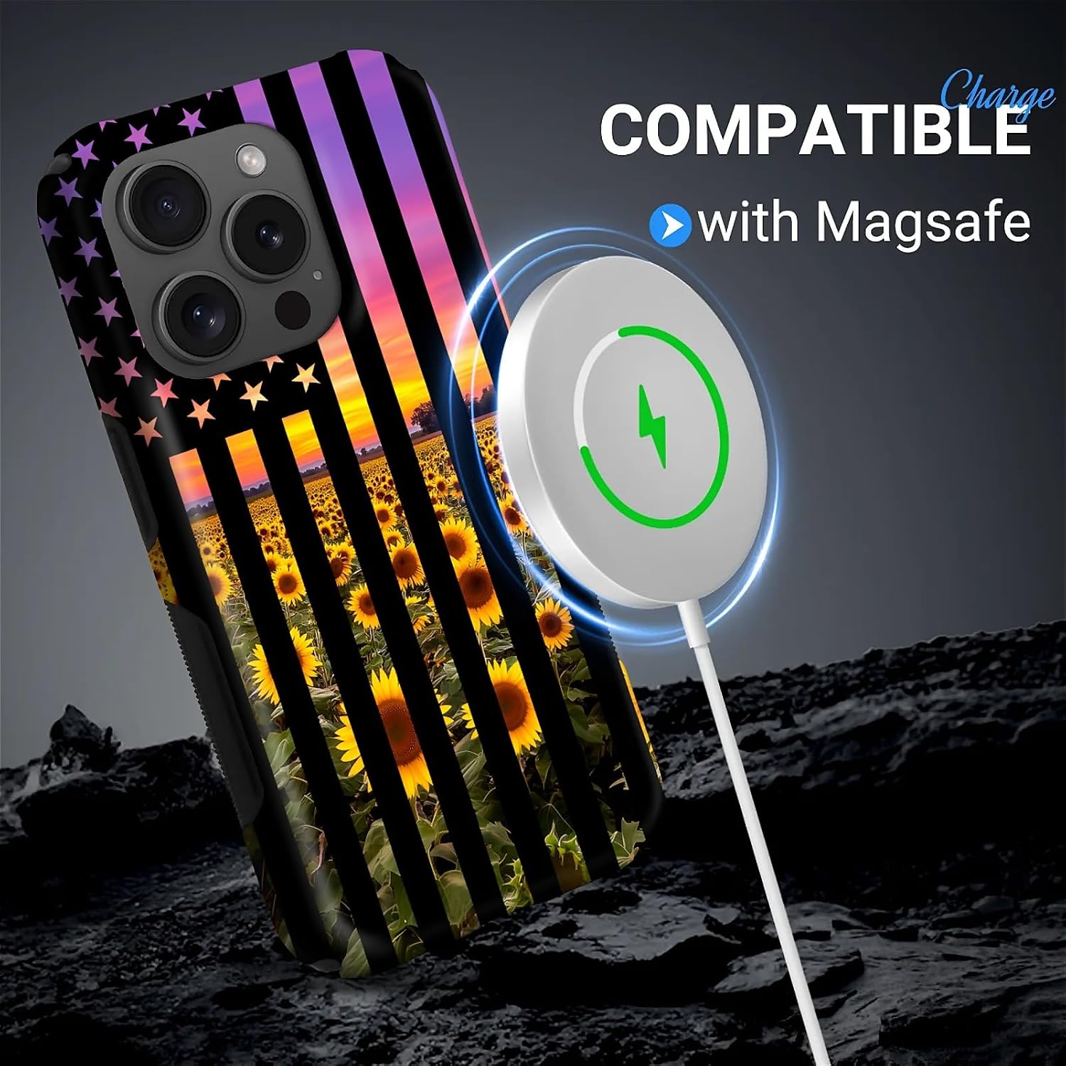 for iPhone 15 Pro Max Case for Women Girl Men Boy, Compatible with MagSafe, Shockproof Soft Silicone & Hard PC Shell Protective Case for iPhone 15 Pro Max - Sunflower American Flag Patriotic image 3