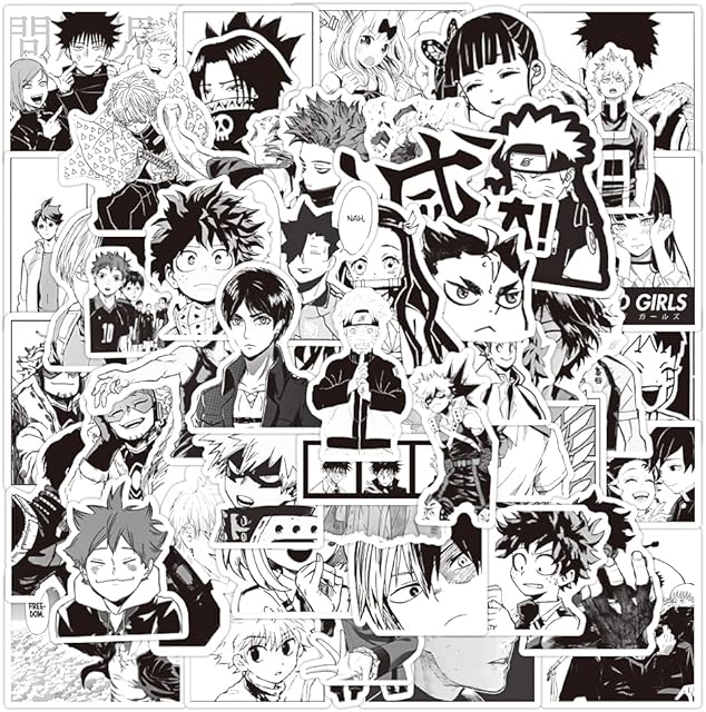 Huayao Black and White Japanise Anime Stickers 50pcs Laptop Car Stickers Motorcycle Bicycle Luggage Decal Graffiti Patches Skateboard Stickers[No-Duplicate Sticker Pack]