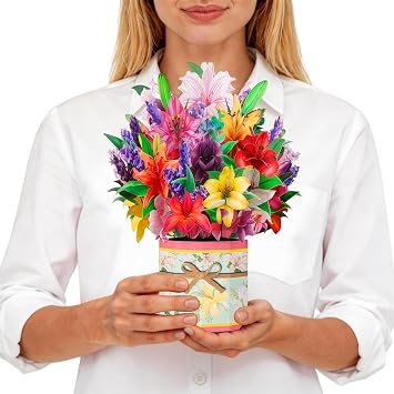 GREETING ART Pop Up Bouquet Card, Lillies, 9 inch Forever Flower Paper 3D Popup Cards with Note Card and Envelope for Get Well, Holiday, Birthday, Mothers Day, Friends