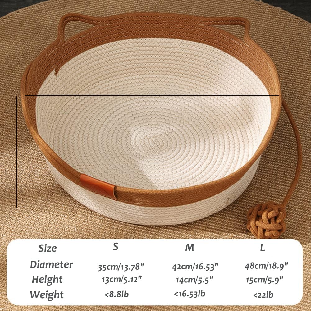 Petlex Cat Basket Bed, Round Rattan Cat House for Indoor Cats, Cute Cat Cotton Rope Woven Basket Nest with Interactive Ball, Washable Winter Summer Use (Medium)