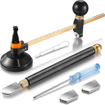 Mudder 6 Pieces Glass Cutter Tool Set Includes Pencil Style Cutting Tool 11.8 Inch/ 30 cm Adjustable Circular Cutter 2-20 mm Carbide Cutter Screwdriver Oil Dropper for Glass Tiles Mirror