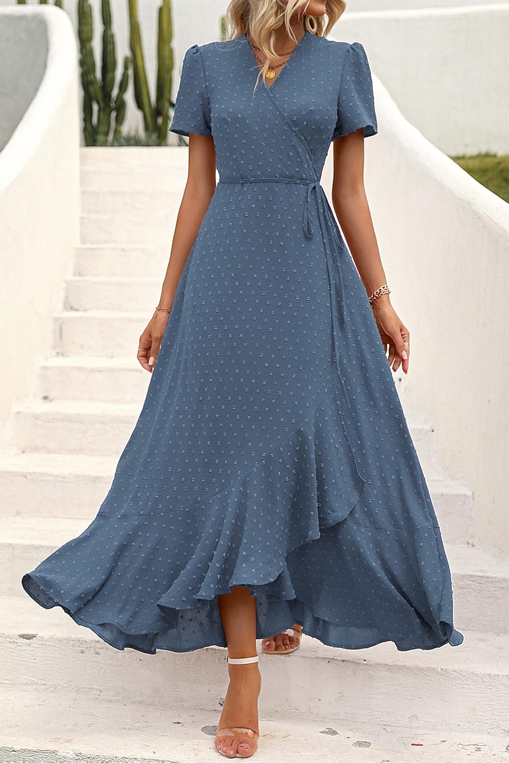 PRETTYGARDEN Women's Boho Floral Maxi Dress Summer Short Sleeve Wrap V Neck Long Flowy Beach Vacation Wedding Guest Dresses thumbnail