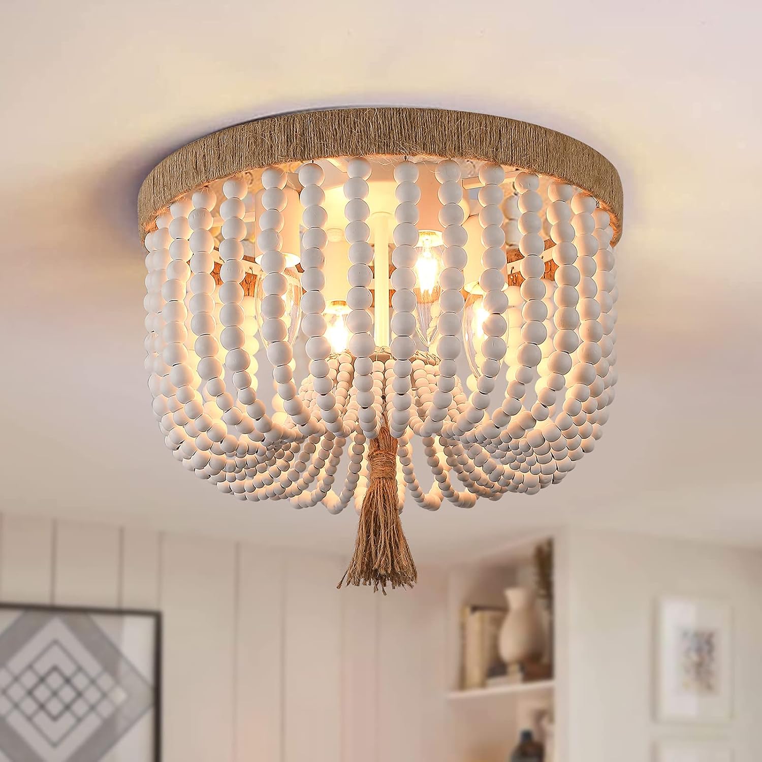 Beaded Light Fixture Flush Mount Ceiling Light White Bohemia Antique Farmhouse Mini Wood Boho Chandelier for Kitchen Island Bedroom Dining Room Entryway Hallway，4-Light