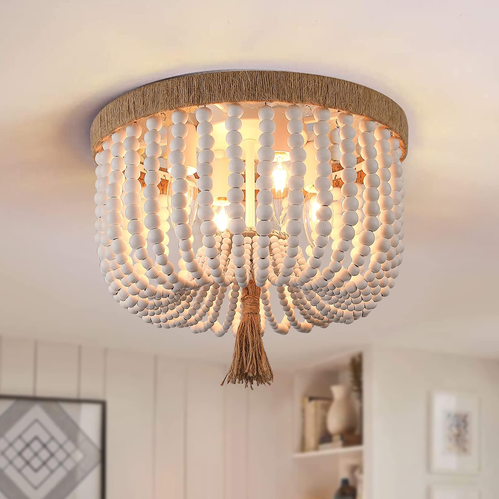 Beaded Light Fixture Flush Mount Ceiling Light White Bohemia Antique Farmhouse Mini Wood Boho Chandelier for Kitchen Island Bedroom Dining Room Entryway Hallway，4-Light