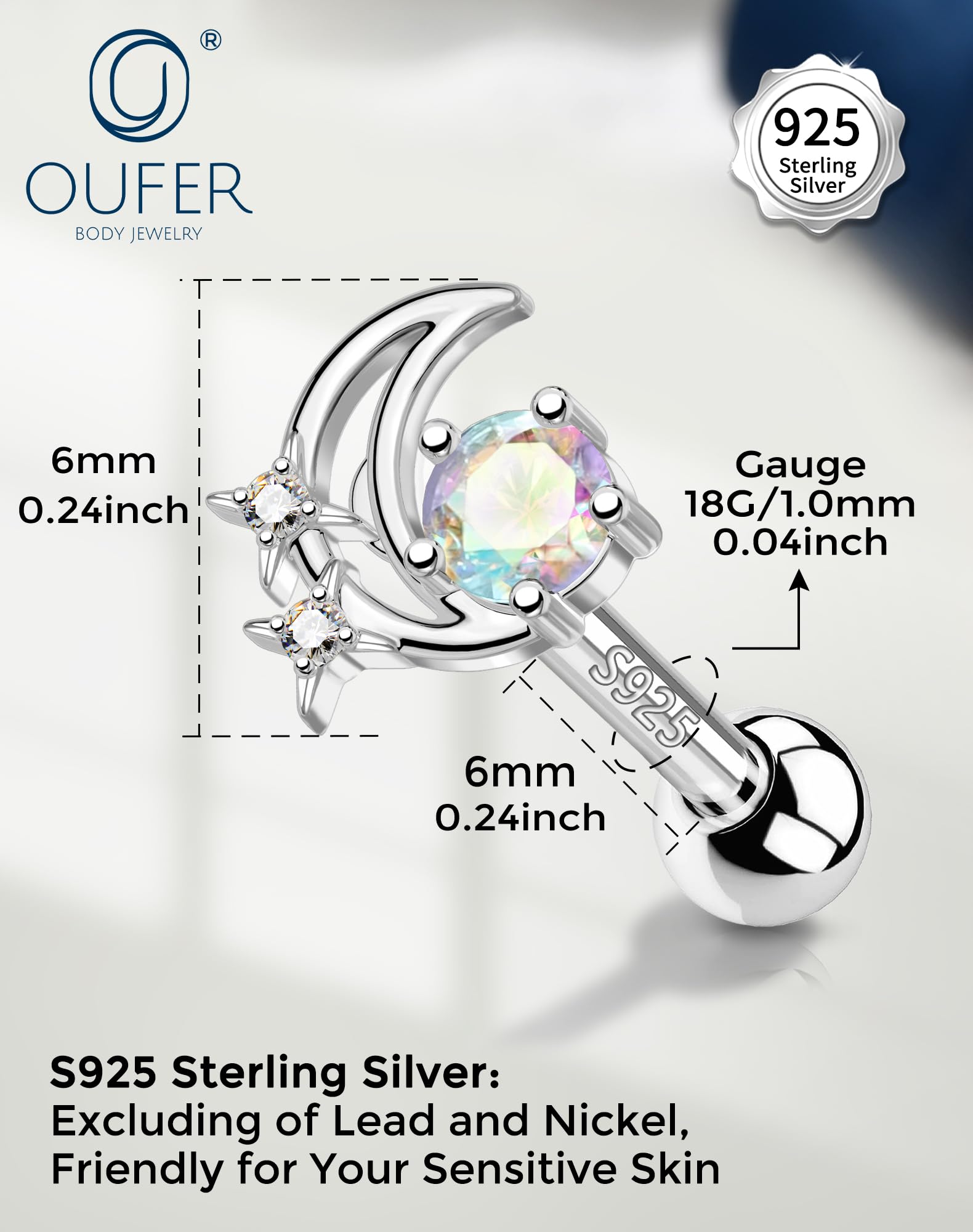 OUFER 18G Helix Piercing Gioielli Argento Sterling 925 Piercing Naso 6mm Luna Stella per Conch Tragus Stud Orecchini Cartilagine Labret Argento Oro per Donna