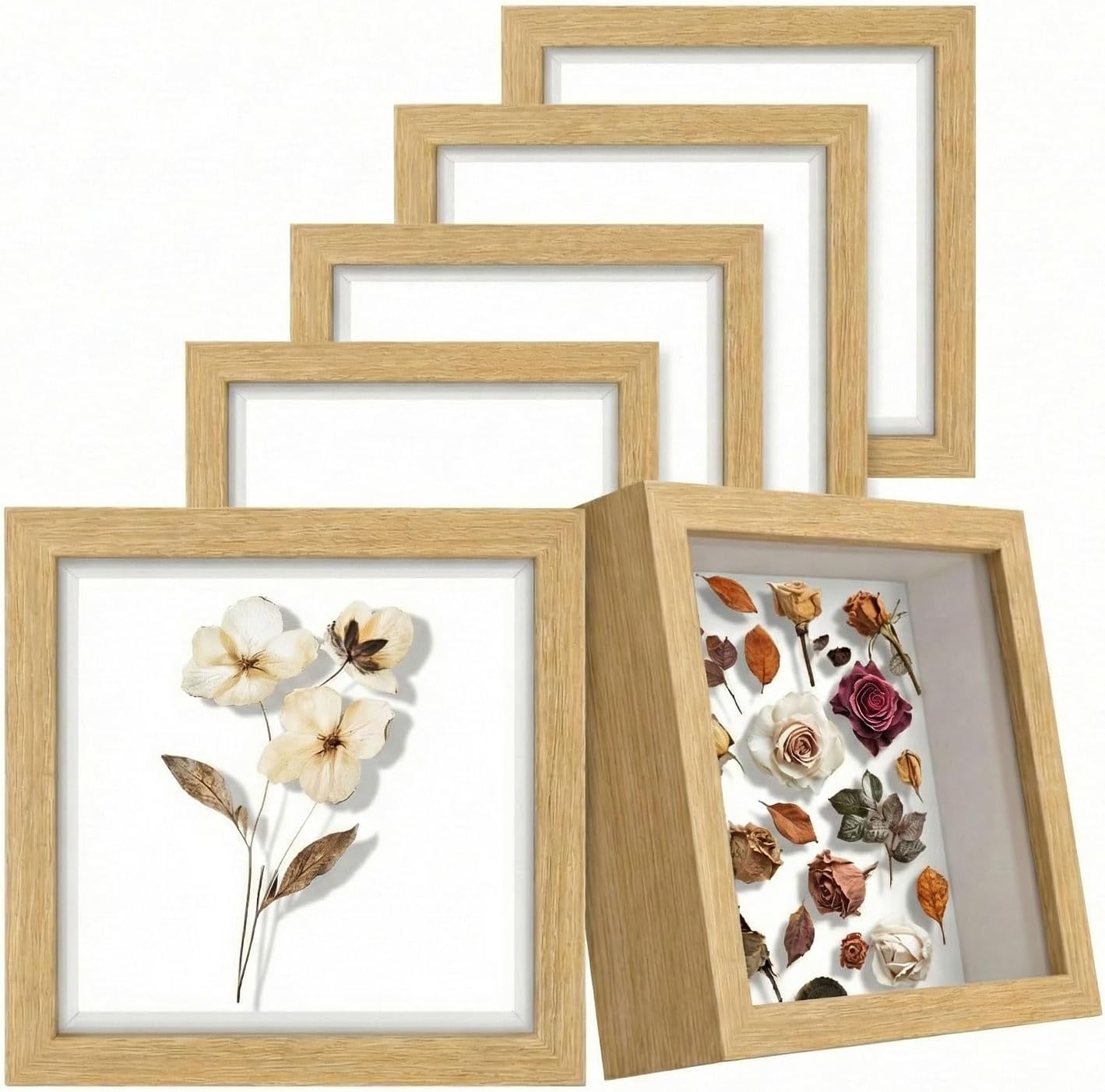 Wazzio 6Pack 5x5 Inch Shadow Box Frame, Wood Display Case Memory Box | 1" Deep Keepsake Frame, Memorabilia Showcase, Photo Ticket Medal Display, Wall Tabletop Picture Frame, Souvenir Gift Box