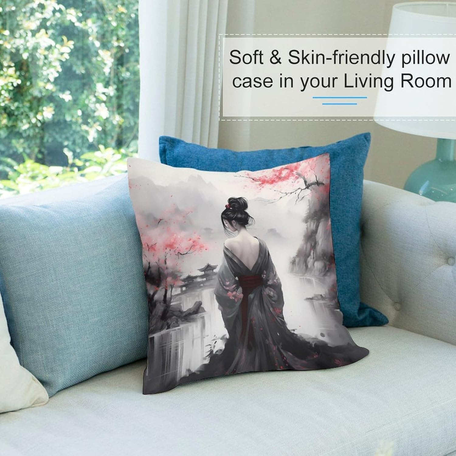 Japanese Geisha Throw Pillow Covers Women Sexy Glam Cherry Blossom Asian Nature Watercolor Pillowcovers for Girls Bedroom Living Room Kitchen Sofa Couch Bed Set of 2 16 "x16