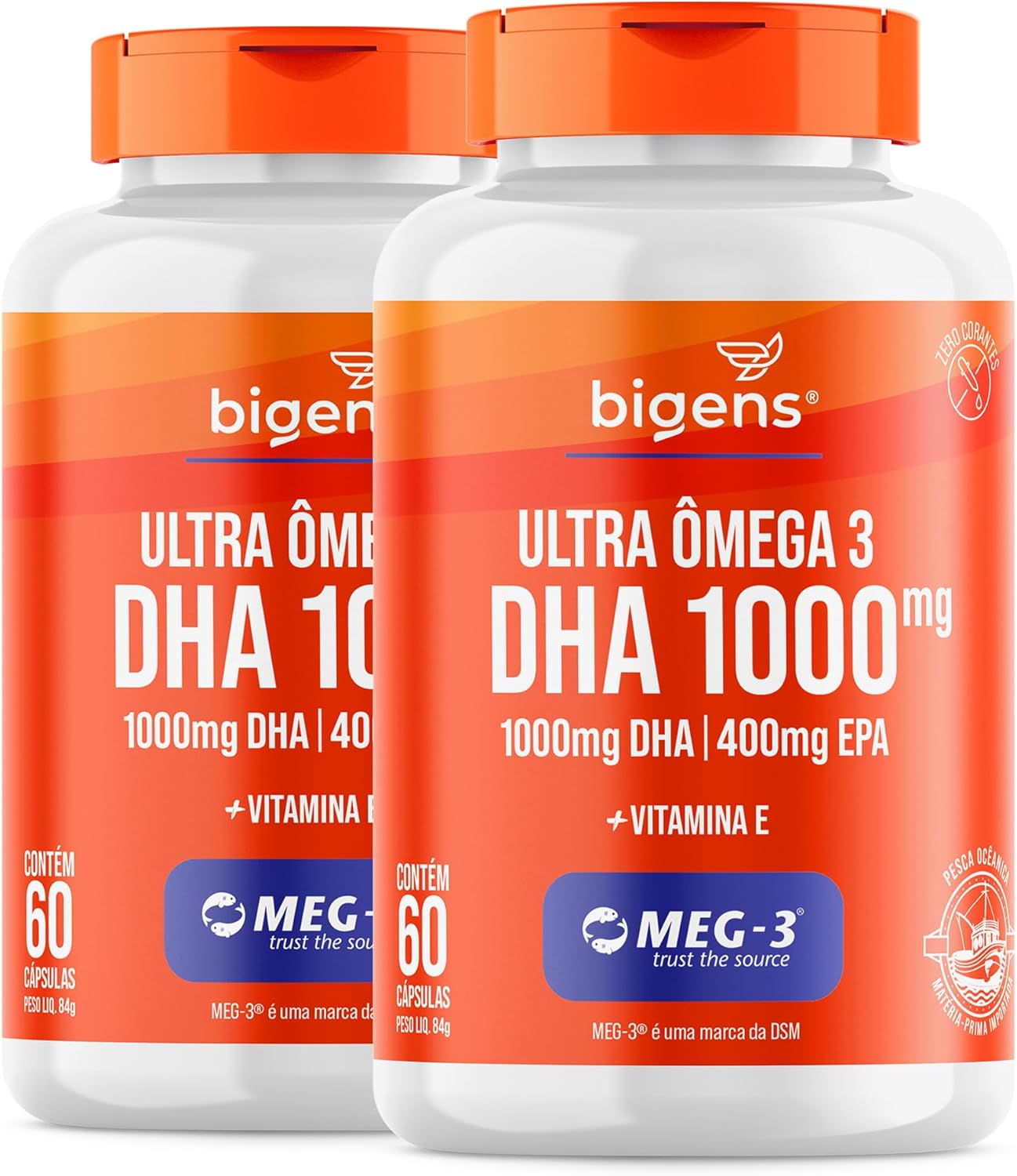 Bigens Ultra Omega 3, DHA 1000mg, 400mg EPA, com Vitamina E, Certificado MEG-3, 60 Cápsulas, Kit 2