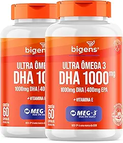 Ultra Omega 3, DHA 1000MG + EPA 400MG, Certificado Meg-3, 60 Cápsulas, Bigens (Kit 2, Com Vitamina E)