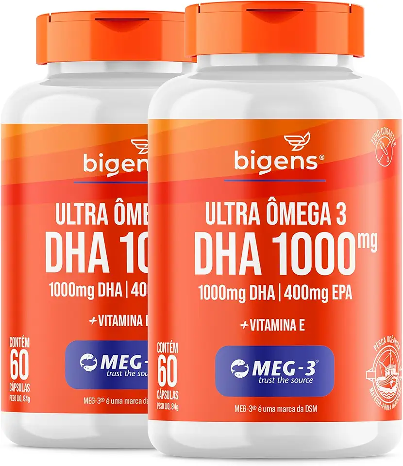 Ultra Omega 3, DHA 1000MG + EPA 400MG, Certificado Meg-3, 60 Cápsulas, Bigens (Kit 2, Com Vitamina E)