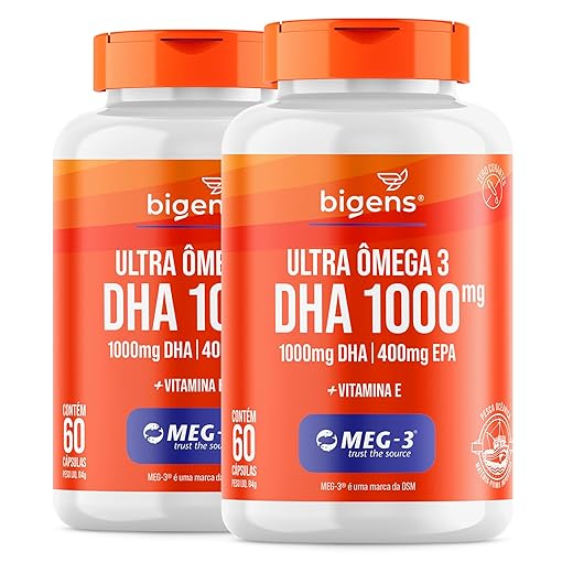 Ultra Omega 3, DHA 1000MG + EPA 400MG, Certificado Meg-3, 60 Cápsulas, Bigens (Kit 2, Com Vitamina E)