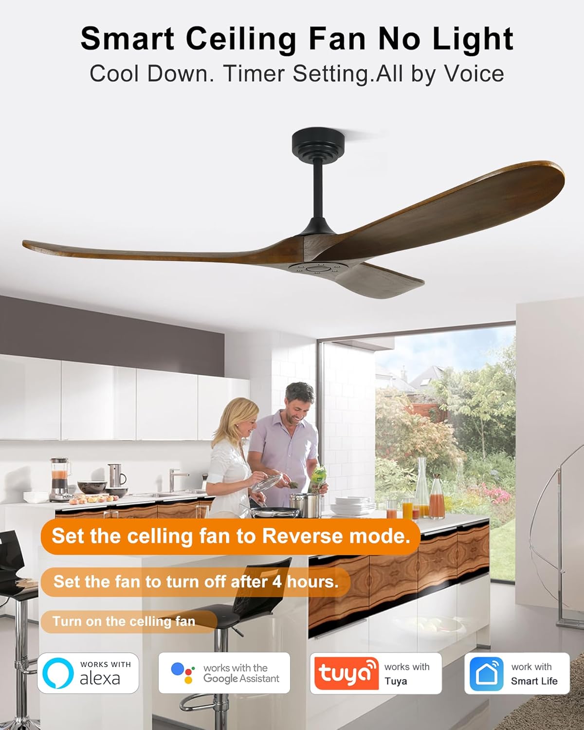 60" Wood Ceiling Fan no Light, Smart Ceiling Fans without Lights with Alexa Google App, Indoor Outdoor Ceiling Fan no Light for Bedroom Porch Modern Propeller 3 Blade High CFM Motor, Bronze