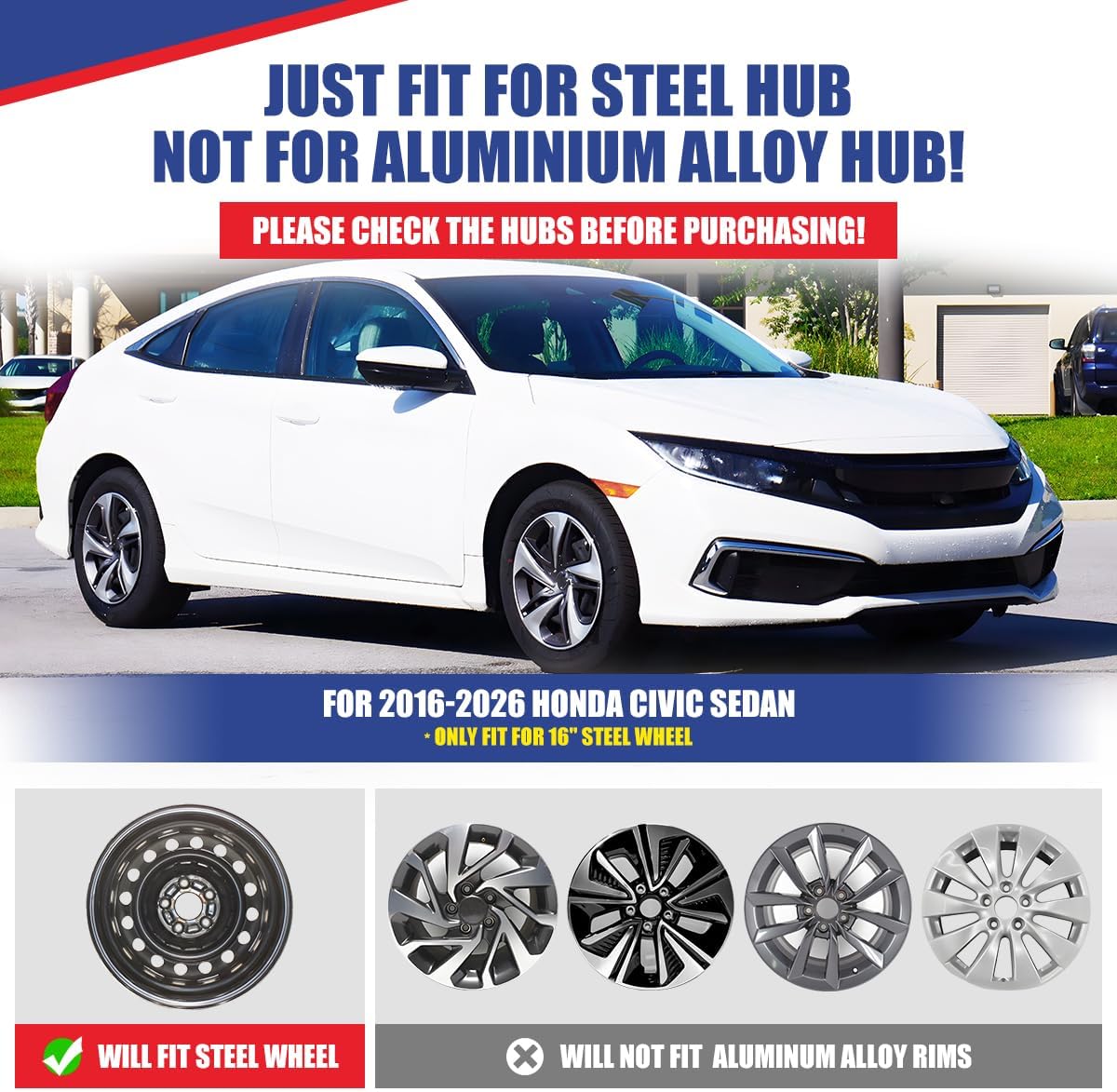 WOLFSTORM 16" Hubcaps Wheel Covers for Honda Civic Sedan 2016-2026 Compatible with Steel Wheels Snap On Installation & 16 inch Hubcaps Set of 4 （White Lacquer & Black Lacquer