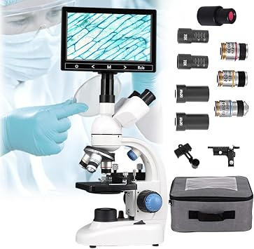 Trinocular Microscope,40x-30000x/50000x/70000x Digital Laboratory Trinocular Compound Led Microscope- 7" Display Screen +E-Eyepiece,For Aquaculture/Education/Chemistry,30000x