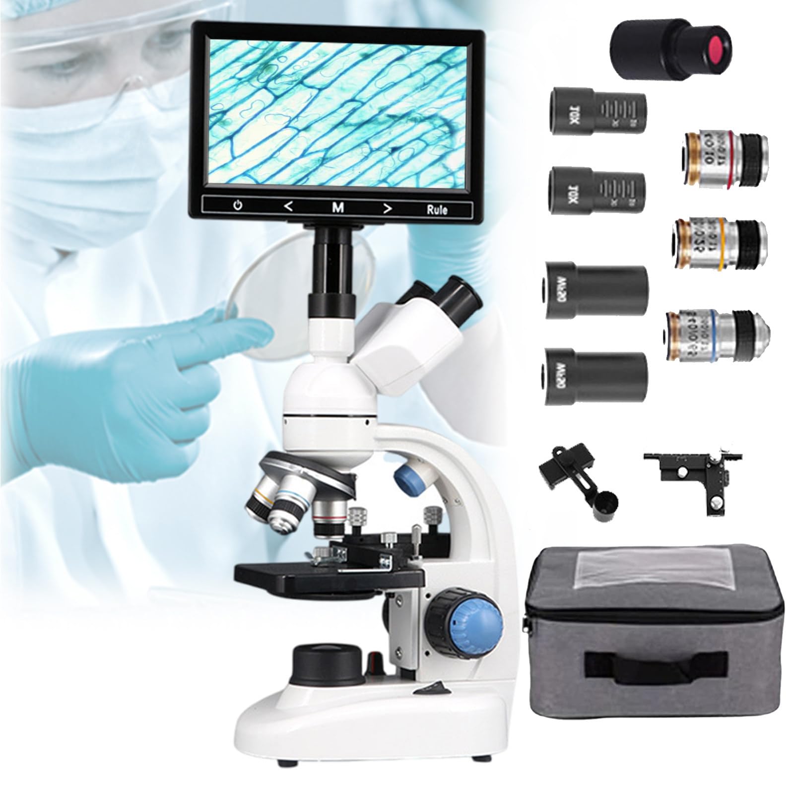Microscopio Trinoculare, Microscopio Trinoculare Composto A Led Da Laboratorio Digitale 40x-30000x/50000x/70000x - Schermo Da 7" + Oculare Elettronico, Per Acquacoltura/Istruzione/Chimica,30000x