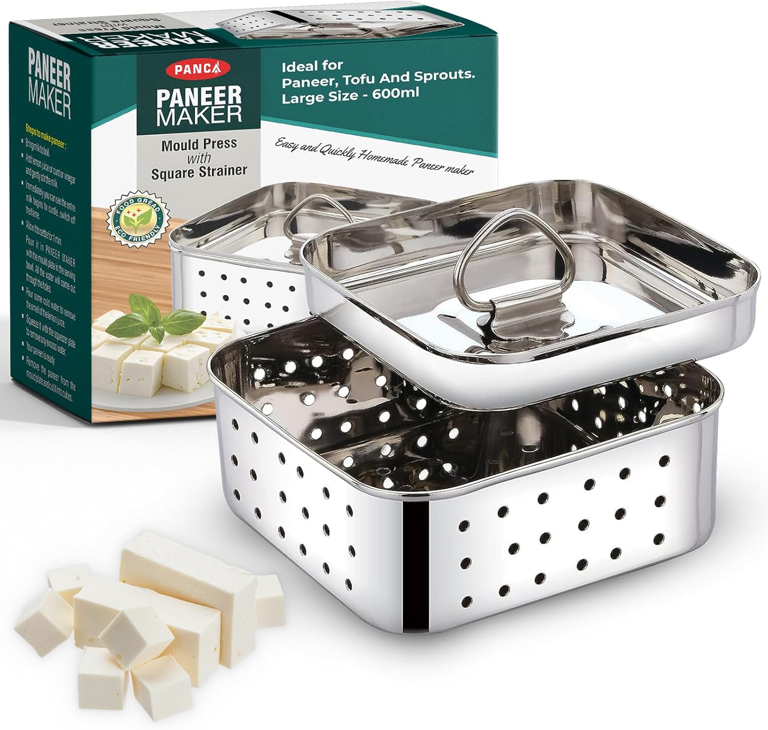 PANCA Stainless Steel Square Shape Indian Paneer/Tofu Press Mould Maker (450 Ml), Size-12.5X12.5X4.5 Centimeters, Silver (Big)