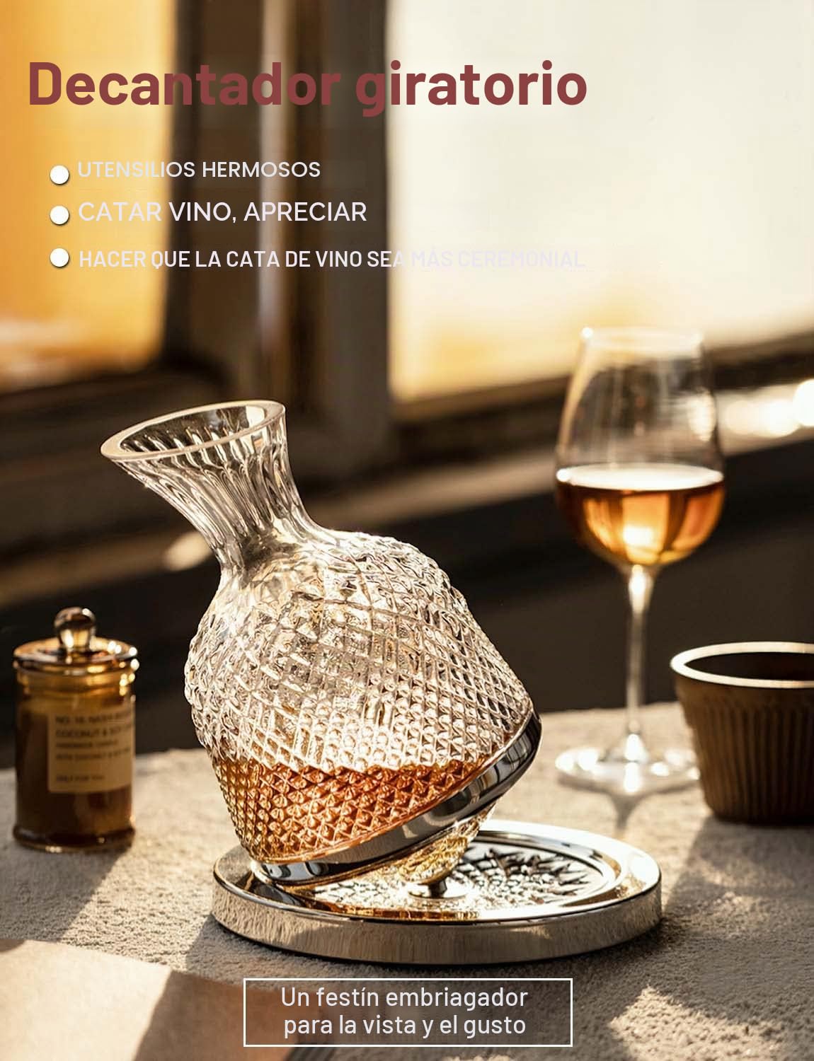 Decantador de vino, decantador de whisky, decantador de vino giratorio 360°, 1,5 l, jarra de vino de whisky, decantador de cristal sin plomo, regalo para los amantes del vino, regalos de