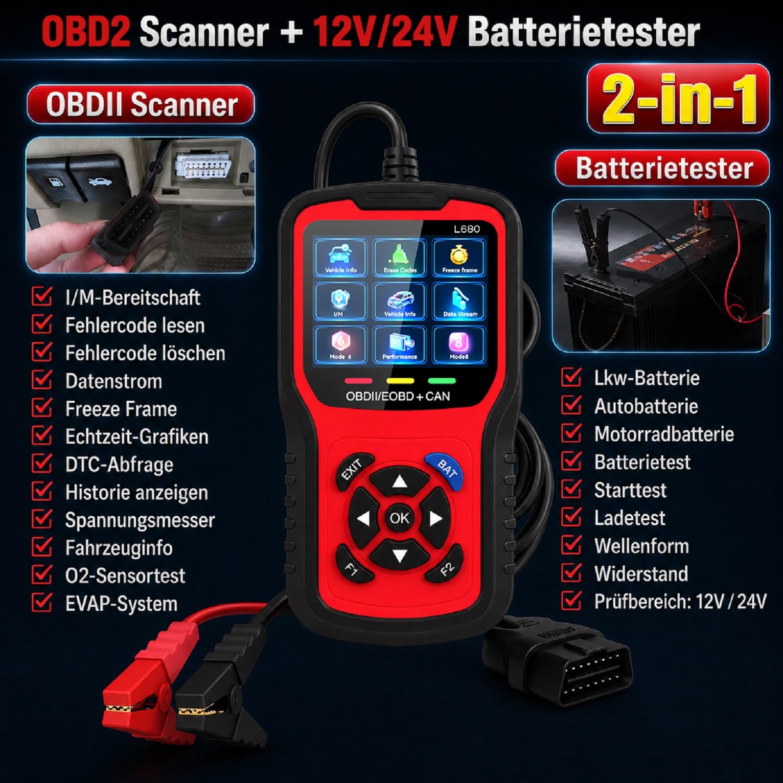 OBD2 Diagnosegerät, KFZ Fehlerauslesegerät mit Batterietester, OBDII/EOBD Auto Scanner, Fehlercodes lesen und löschen, Live Daten, 12V/24V Batterieprüfung, 13 Sprachen.
