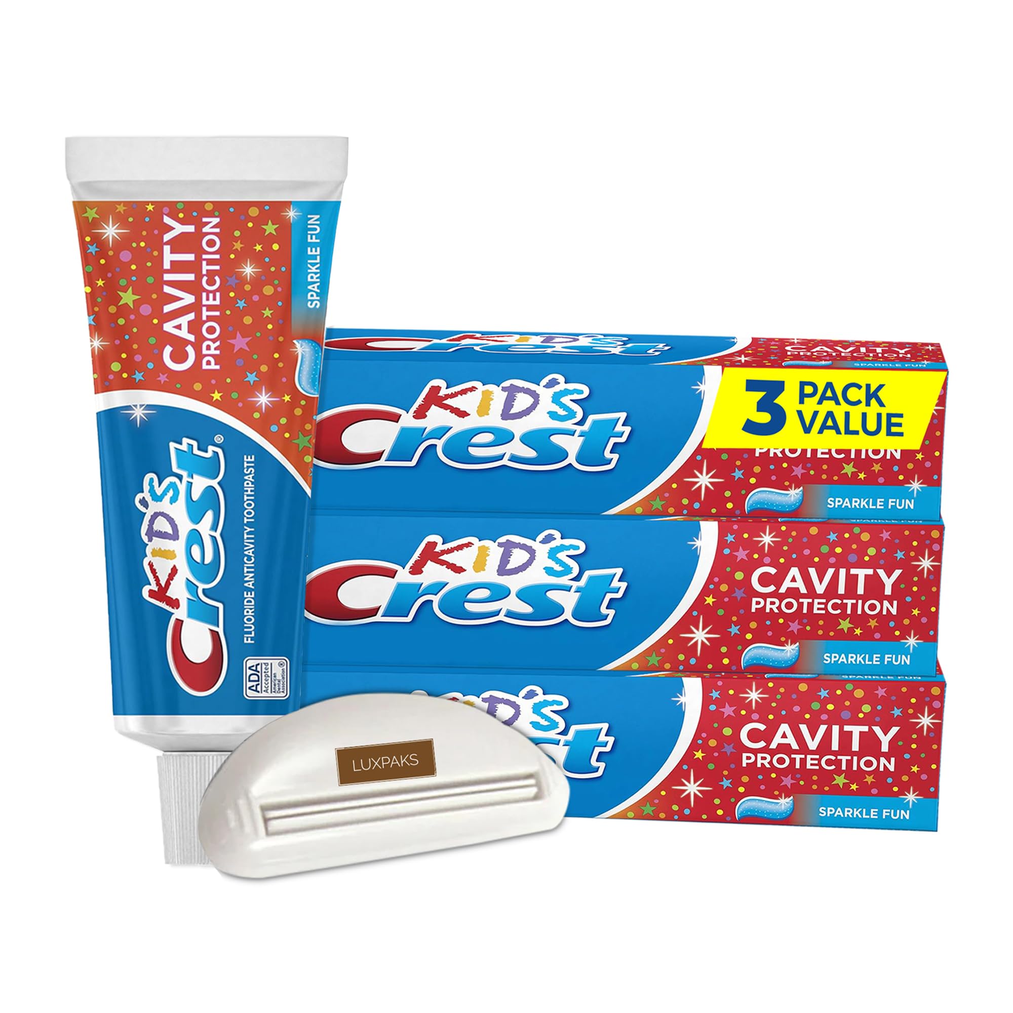 Sponsored Ad – CRST Kid's Cavity Protection Toothpaste, Sparkle Fun Flavor, 4.6 oz, Pack of 3 Bundled with LUXPAKS Squeezer