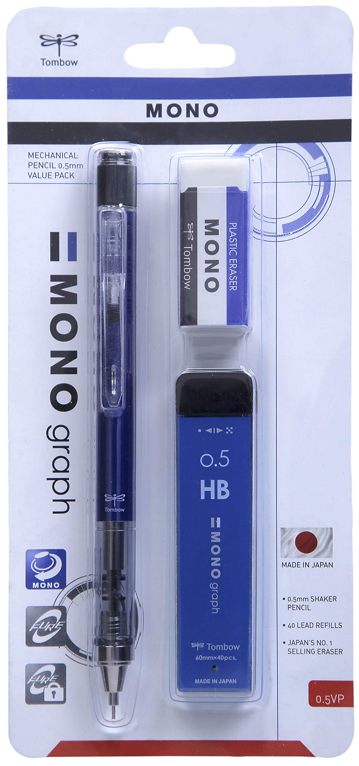 Tombow Mono Graph 0.5mm Mechanical Pencil, with Lead and Eraser- Value Pack, (Blue)