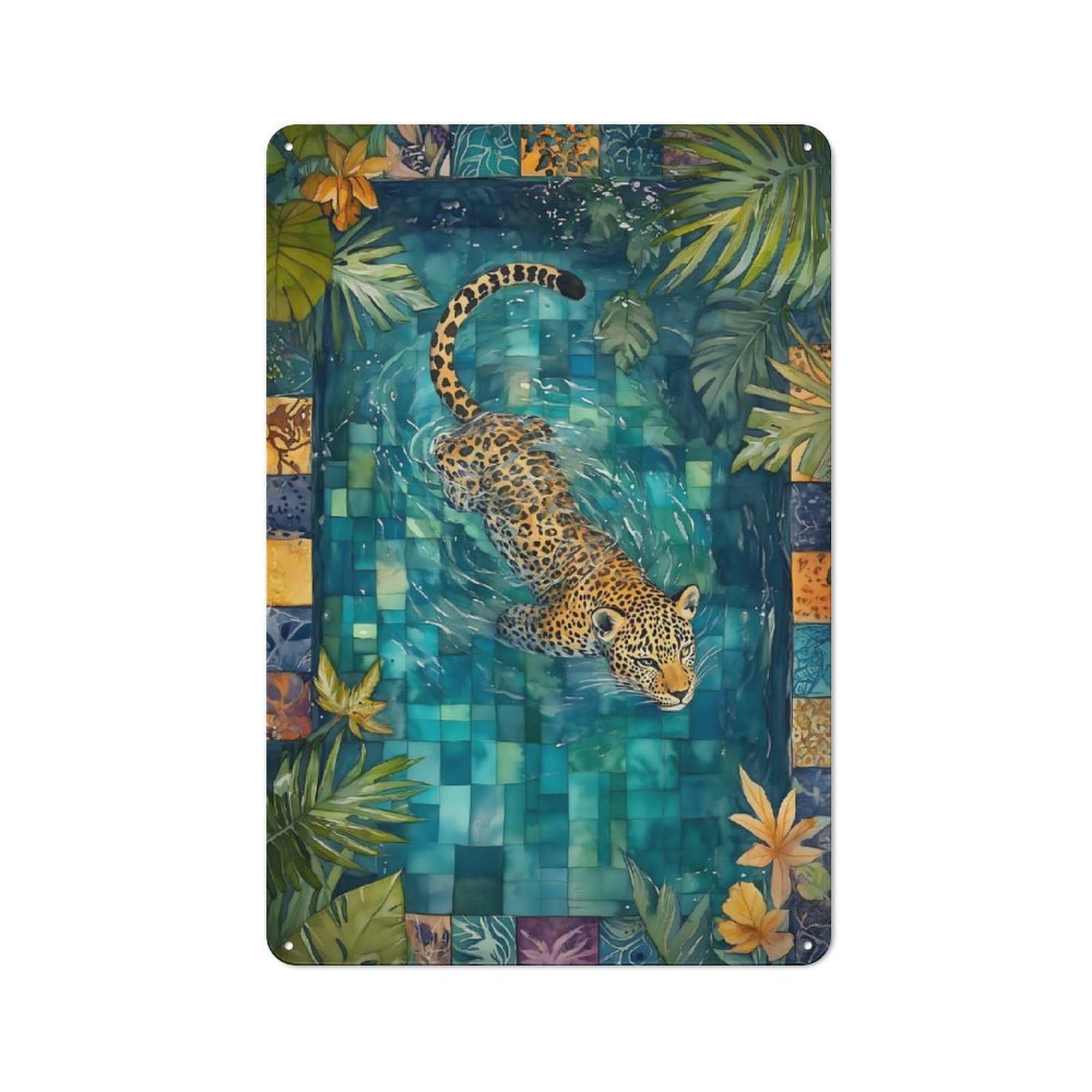 Junmoney Leopard Swimming In Pool Casual Metal Wall Decor 30X20cm, Tin Sign For Greenhouse, Garden Room, Cafe Or Entryway