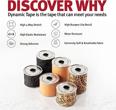 Dynamic Tape Original - Biomechanical Athletic Tape | 4 Way Stretch & Stronger Recoil Than Kinesiology Tape | Designed for Muscle & Joint Load Management | High-Load Sports Use (3 Beige/Black)