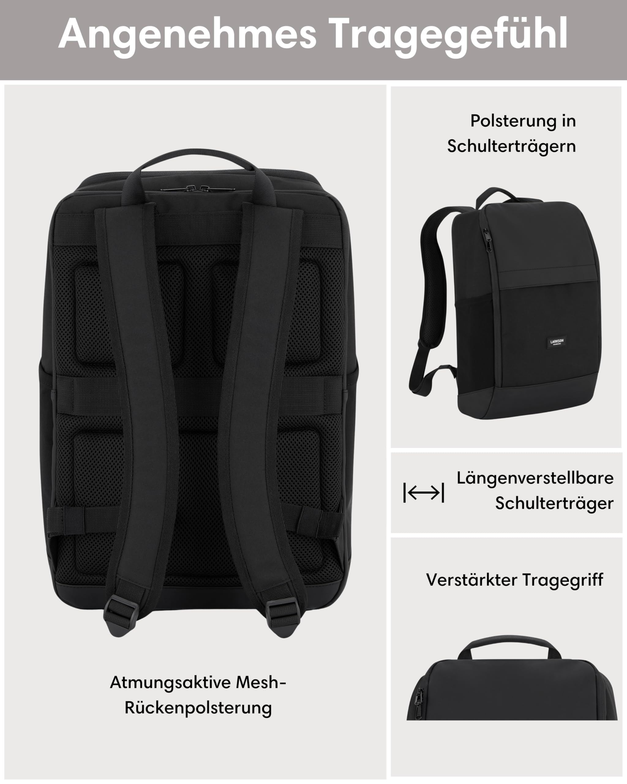 LARKSON Laptop Rucksack Herren & Damen Schwarz - Niklas - Notebook Backpack für Business Arbeit Uni - 16 Zoll Laptoprucksack für Reise Handgepäck - Wasserabweisend