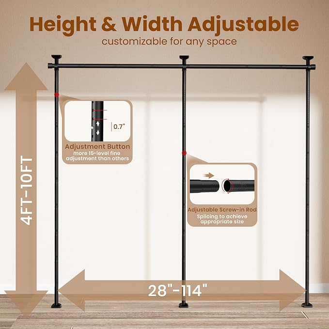 Barra de Cortina Divisoria de Ambiente, Barra de Tensión sin Taladros para Separación de Espacios Negra | Ajustable 4-10 ft (H) 28-114 pulg (W) Resistente miniatura 2