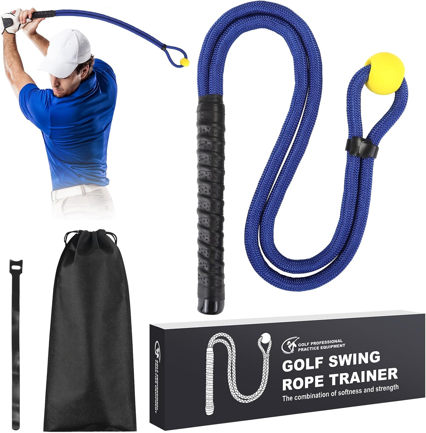 MIKOSI Golf Rope Swing Trainer, Multi-Purpose Golf Swing Trainer Adjustable Resistance to Improve Tempo & Speed, Golf Practice Equipment with Soft Weighted Ball for Indoor Outdoor Practice, Blue