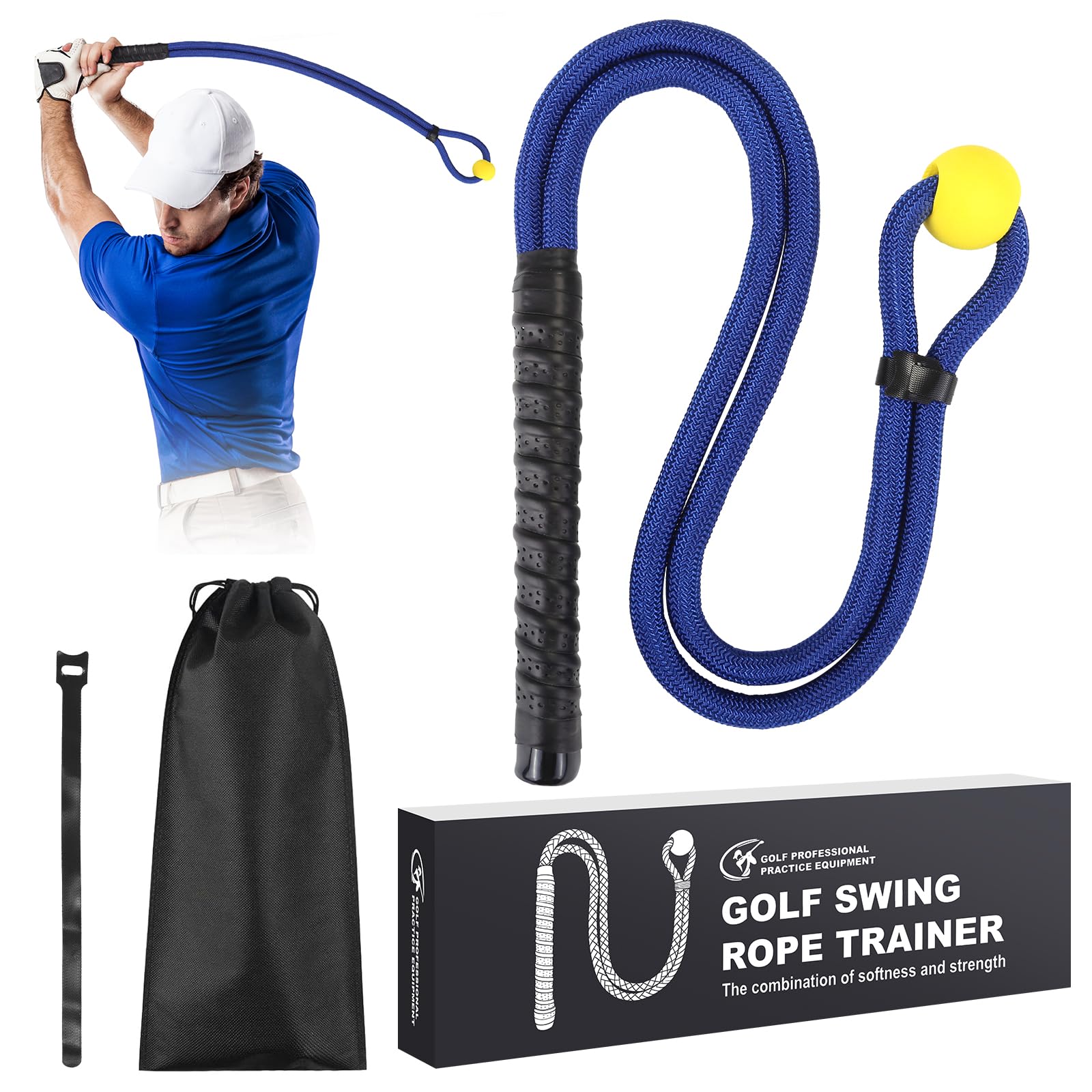 MIKOSI Golf Rope Swing Trainer, Multi-Purpose Golf Swing Trainer Adjustable Resistance to Improve Tempo & Speed, Golf Practice Equipment with Soft Weighted Ball for Indoor Outdoor Practice, Blue