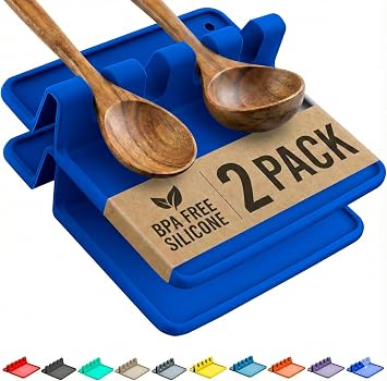 Cooler Kitchen Blue Silicone Spoon Rest for Stove Top with Drip Pad Two Pack - Heat Resistant BPA Free Utensil Rest & Spoon Holder for Kitchen Counter - Grill Utensil Holder - Spatula Holder