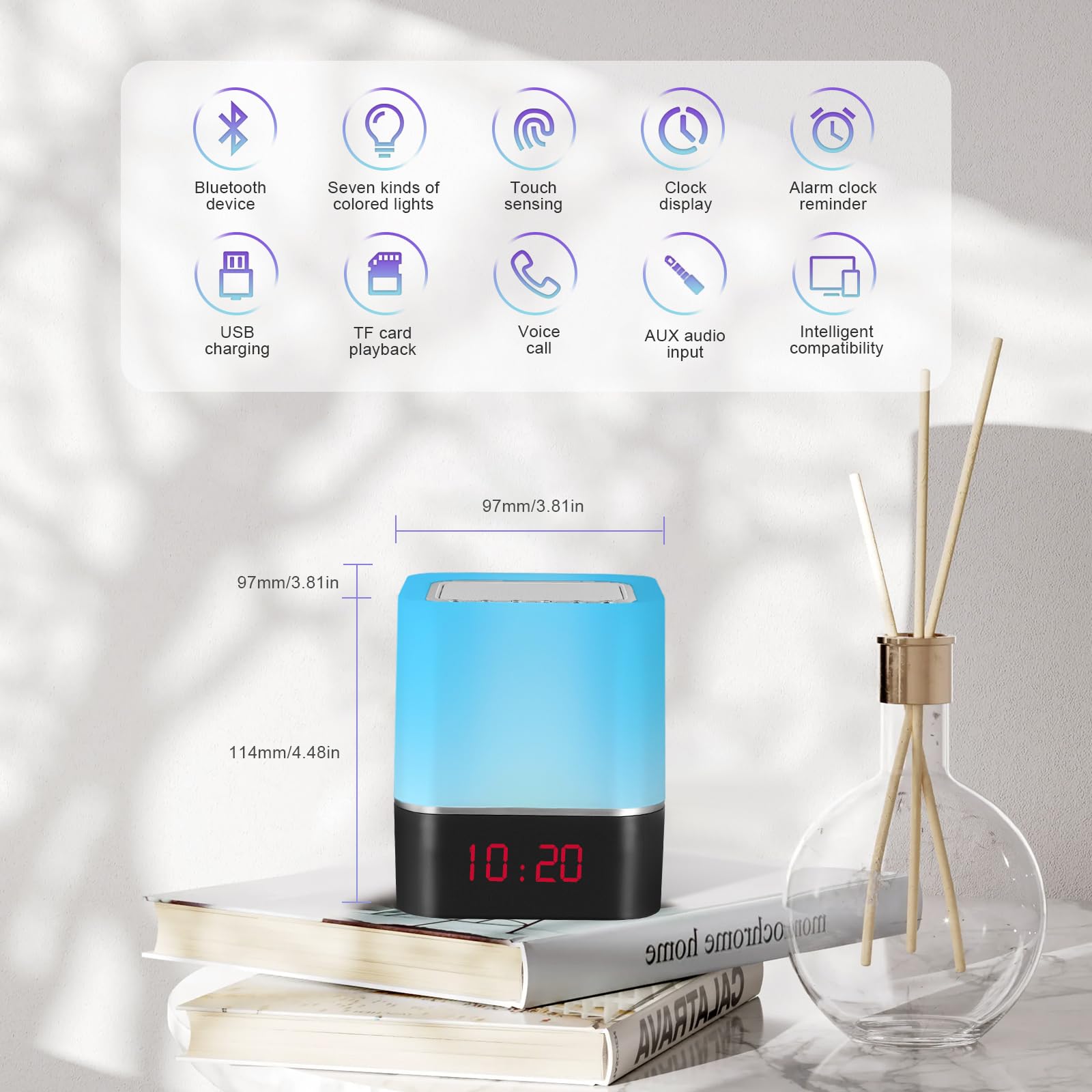 5 en 1 Réveil Lumineux Wireless Réveil, Lampe de Chevet à Commande Tactile à 7 Couleurs Changeantes, Haut-Parleur Wireless Portable, Lecteur MP3 pour Cadeau de Noël pour Hommes/Femmes/Enfants