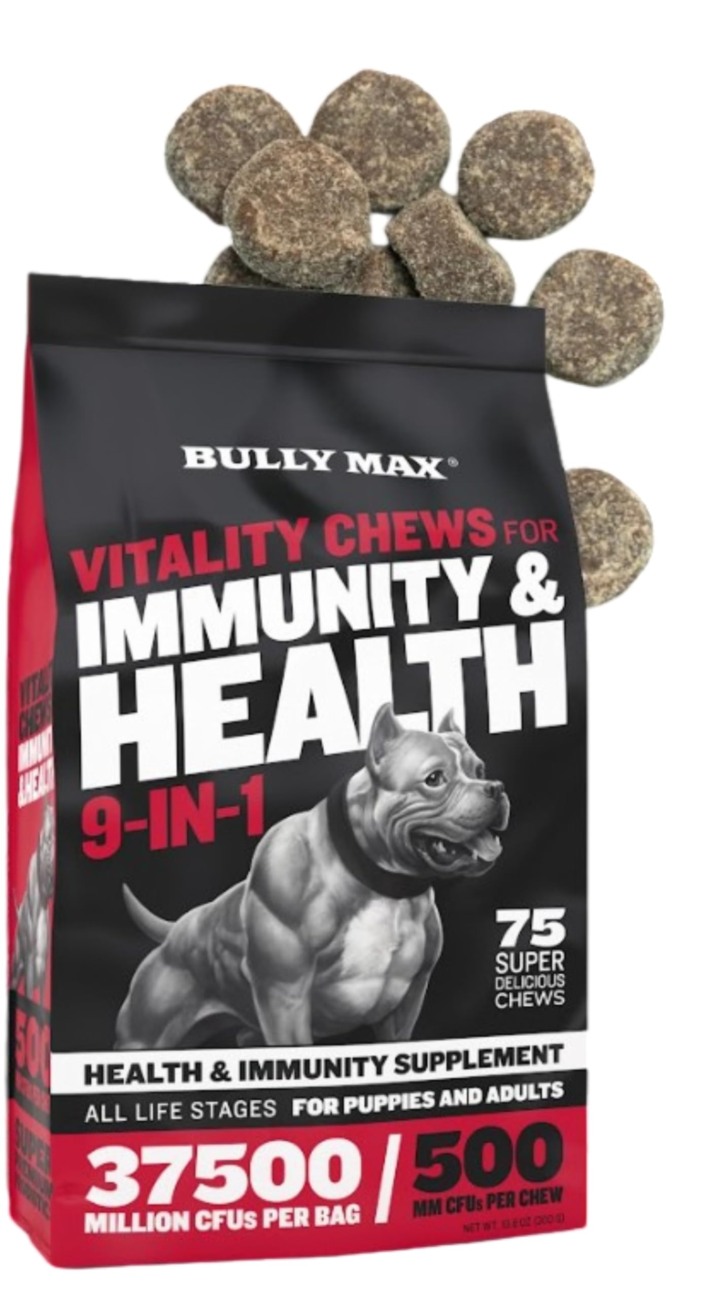 Bully Max Dog Chews & Multivitamin Treats for Puppy & Adult Dogs - 75 Soft Chews, Dog Supplements & Vitamins for All Breeds - Skin, Coat, Brain, Heart, Digestive Health, Immunity, Joint Support