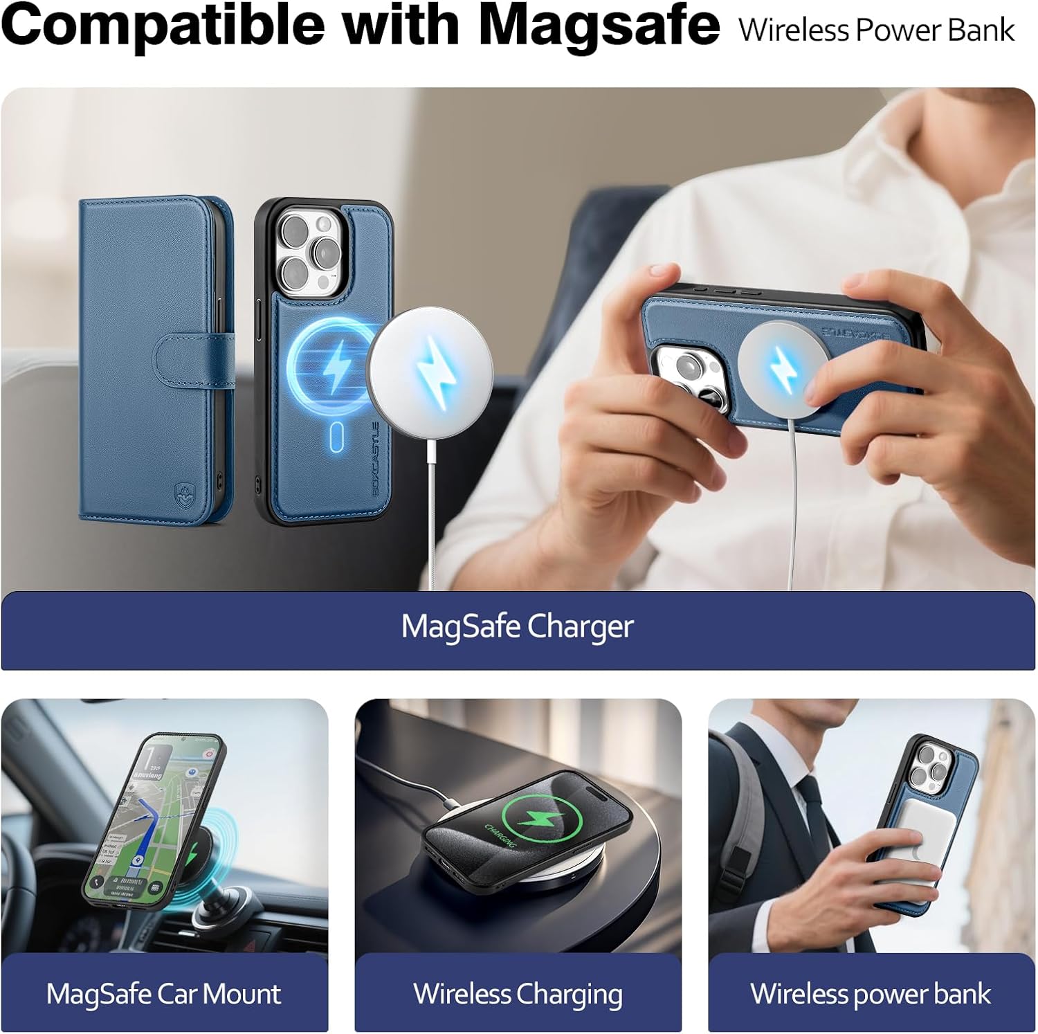 Magnetic 2 in 1 Detachable Compatible with Magsafe iPhone 12 Pro Max Genuine Wallet Case with Card Holder,Women Men Leather Flip RFID Blocking Credit Card Slots Stand Phone Cover,Light Blue
