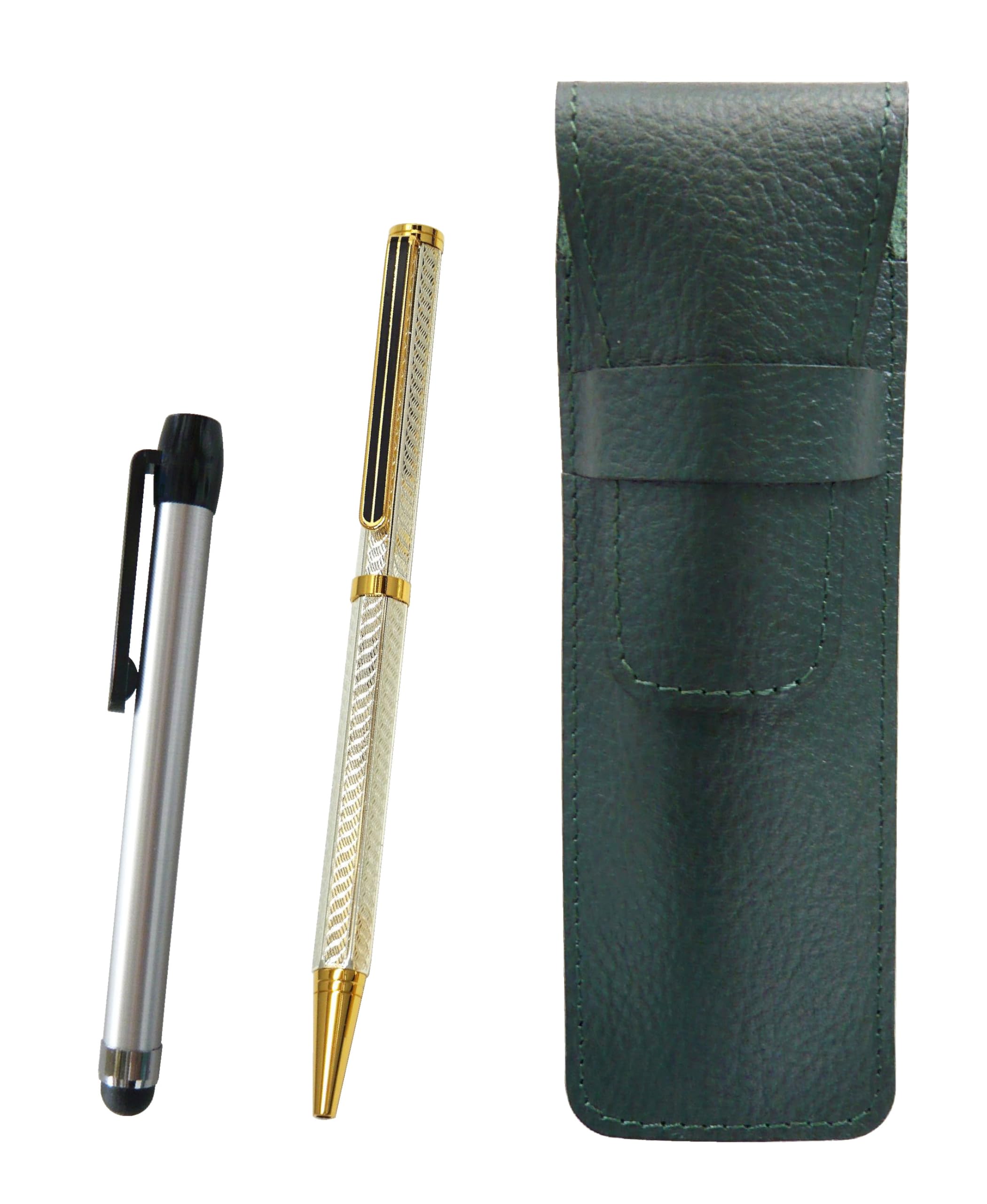 タキザワ SASMG-ALST-6KSBP-S Grain Leather Pencil Case Moss Green Metal Touch Stick Silver and Brass Hex Rotating Holi Gold Ballpoint Pen Set Silver