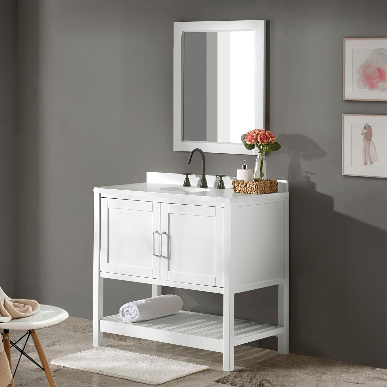 Alaterre Furniture Bennet Bathroom Vanity 2-Piece Set - 36 Inch Vanity and Bathroom Mirror - Solid Wood Bathroom Sink Cabinet Set (White)