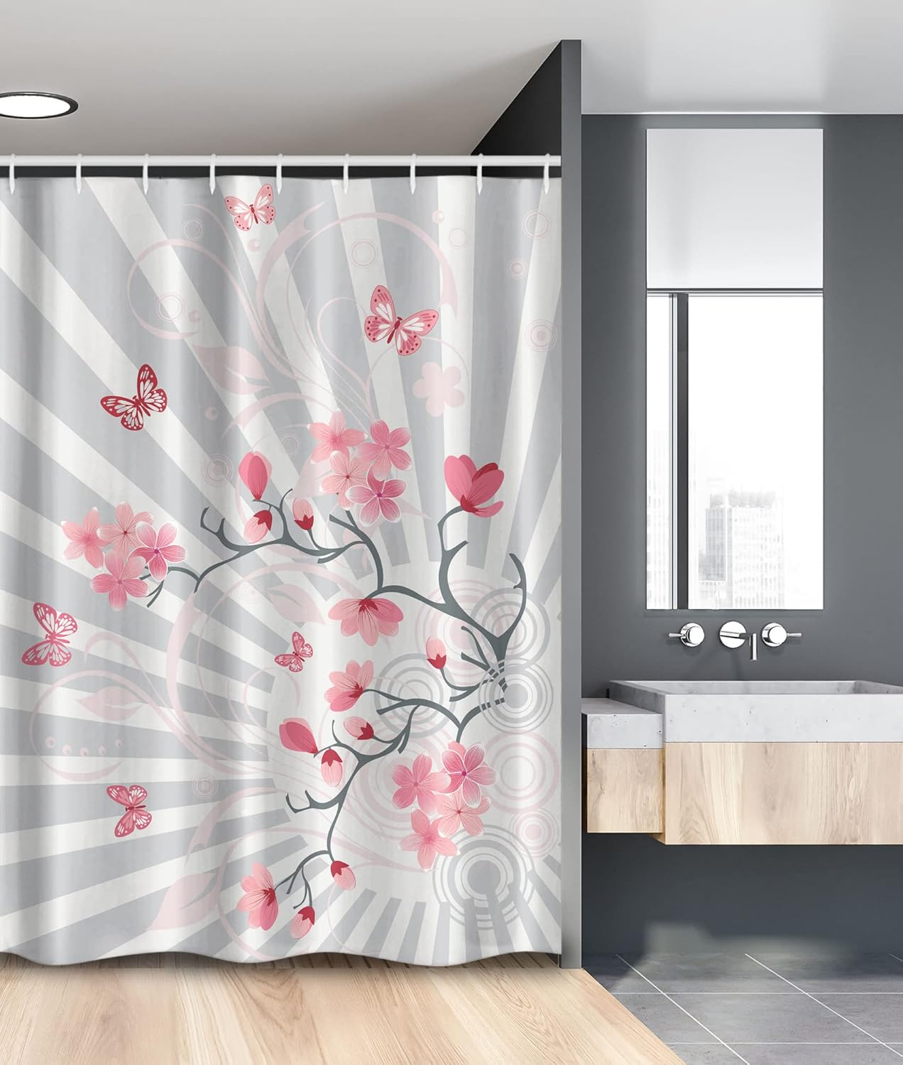 Ambesonne Nature Stall Shower Curtain, Cherry Blooming Butterflies on Stripes Sun Rays Curvy Lines Ornamental Art, Fabric Bathroom Decor Set with Hooks, 54" W x 78" L, Pale Grey Pink