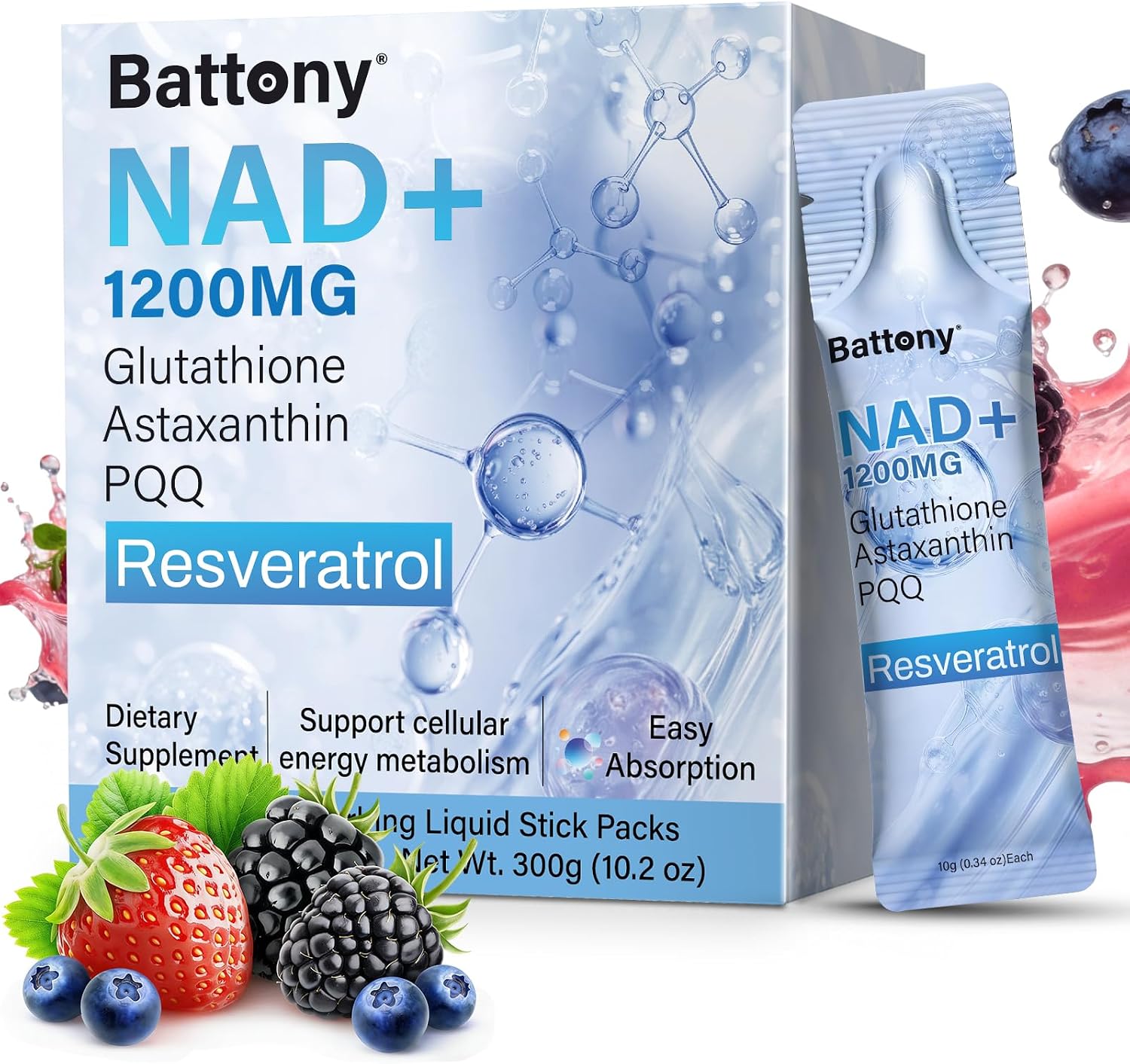 Battony NAD+ Liquid Supplement 1200mg – High Absorption Liquid Packets with NMN, Resveratrol, Glutathione, PQQ – Boost Cellular Energy & Healthy Aging for Men & Women – 30 Servings