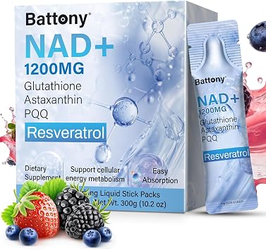 Battony NAD+ Liquid Supplement 1200mg High Absorption Liquid Packets with NMN, Resveratrol, Glutathione, PQQ Boost Cellular Energy & Healthy Aging for Men & Women 30 Servings