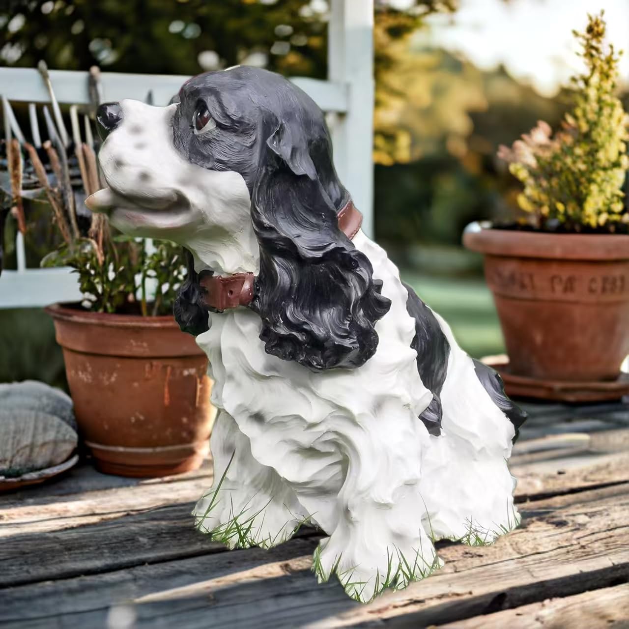 Best Value Here Dog Garden Sculpture Resin Distressed Aged Finish Animal Garden Ornament NEW GIFT (Black/White Spaniel), Grey — image 1