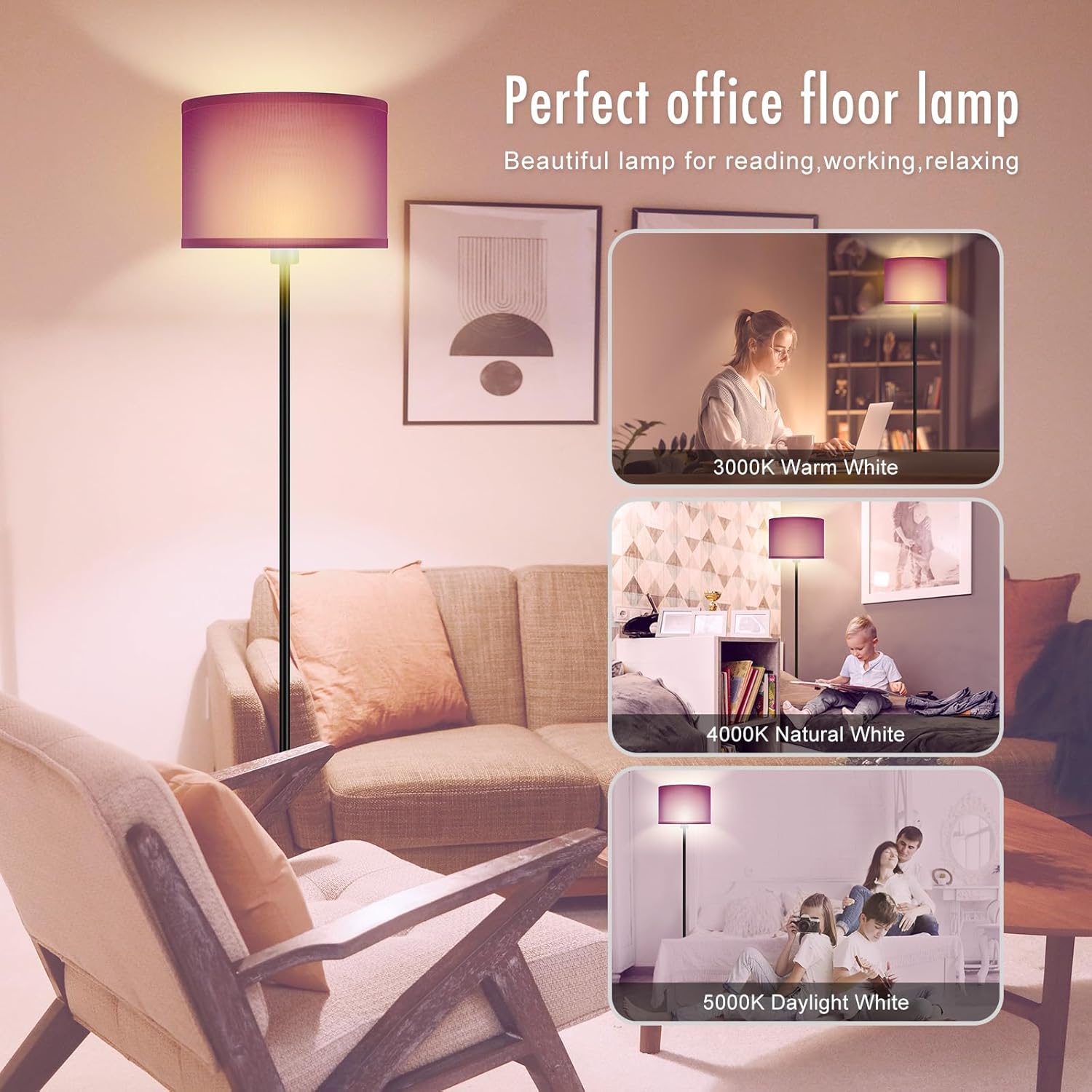AUQUEE Floor Lamp, Standing Lamp, Modern Stand Up Lamps with Purple Lampshade, 59" Tall, Foot Switch, Simple Living Room Decor for Kids Room, Girls Room, Den, Office - Black(NO Bulb,E26 Base)