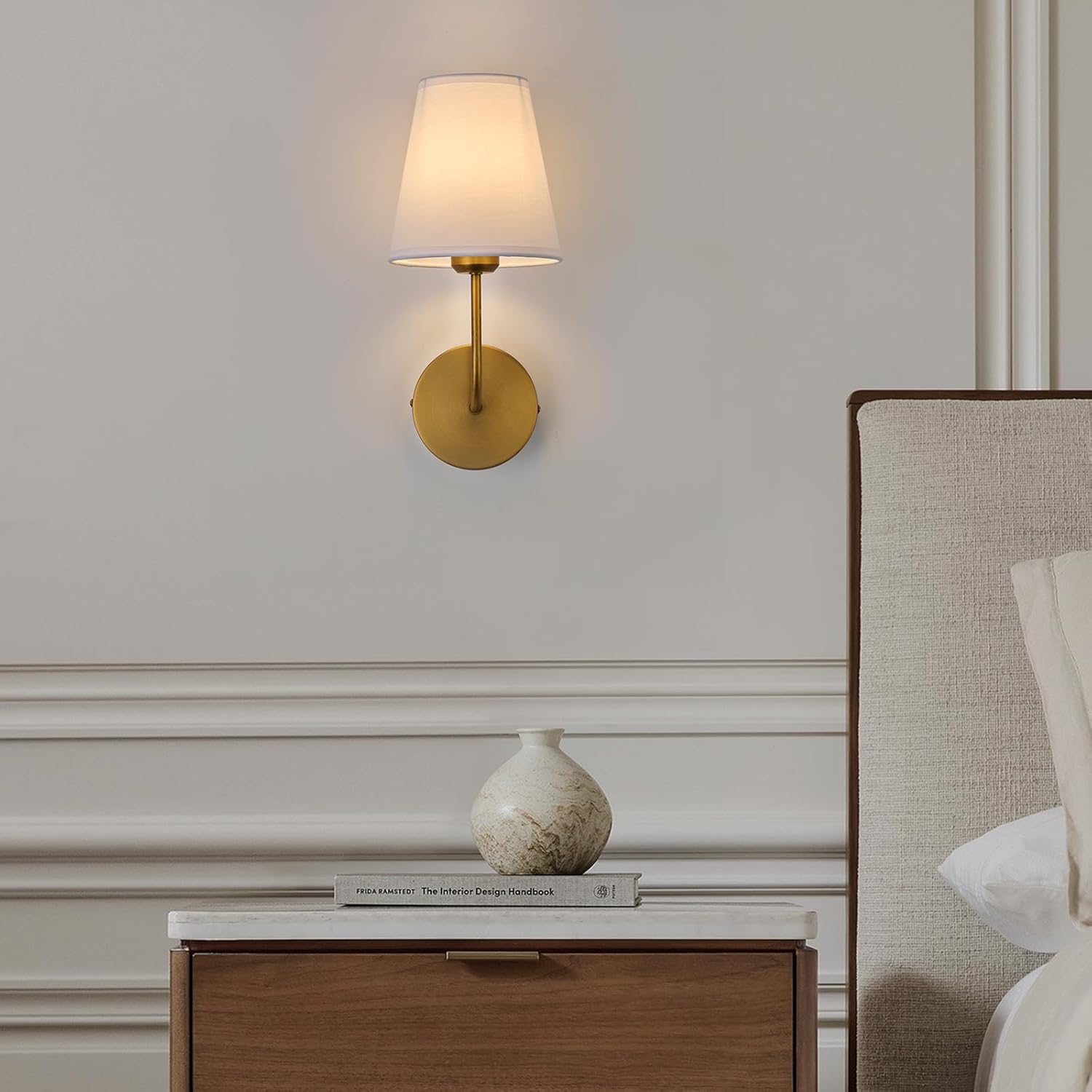 Antique Brass Hardwired Wall Sconce Set of 2 - Matte Gold Finish with White Fabric Shades，Bedroom Lighting, Living Room, Farmhouse, Fireplace, Hallway, Bedside Lamp,Bathroom Wall Lights