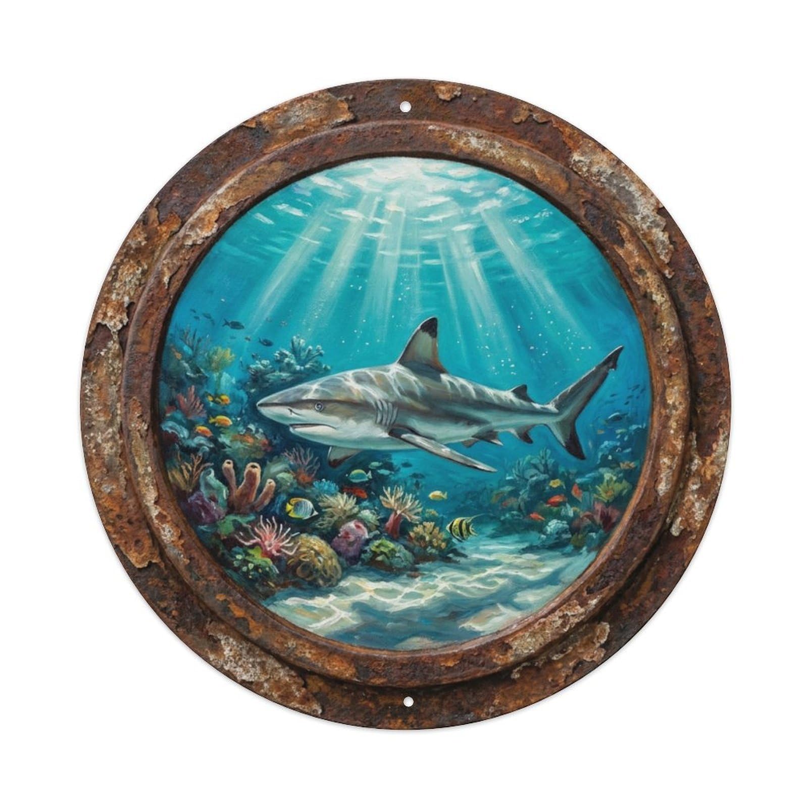 Fyrn Style Metal Tin Sign Vintage Porthole Reef Shark Cruise Ship Window Undersea Deep Sea