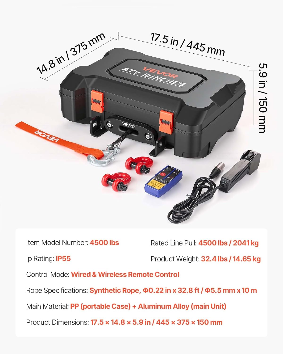 VEVOR Portable Winch, 4500 lbs 12V DC Electric Winch with Synthetic Rope, Wireless & Wired Remotes, Box-Style Recovery Kit with Fairlead, Clevis Hook, Strap for ATV UTV Off-Road Outdoor Pulling Tasks