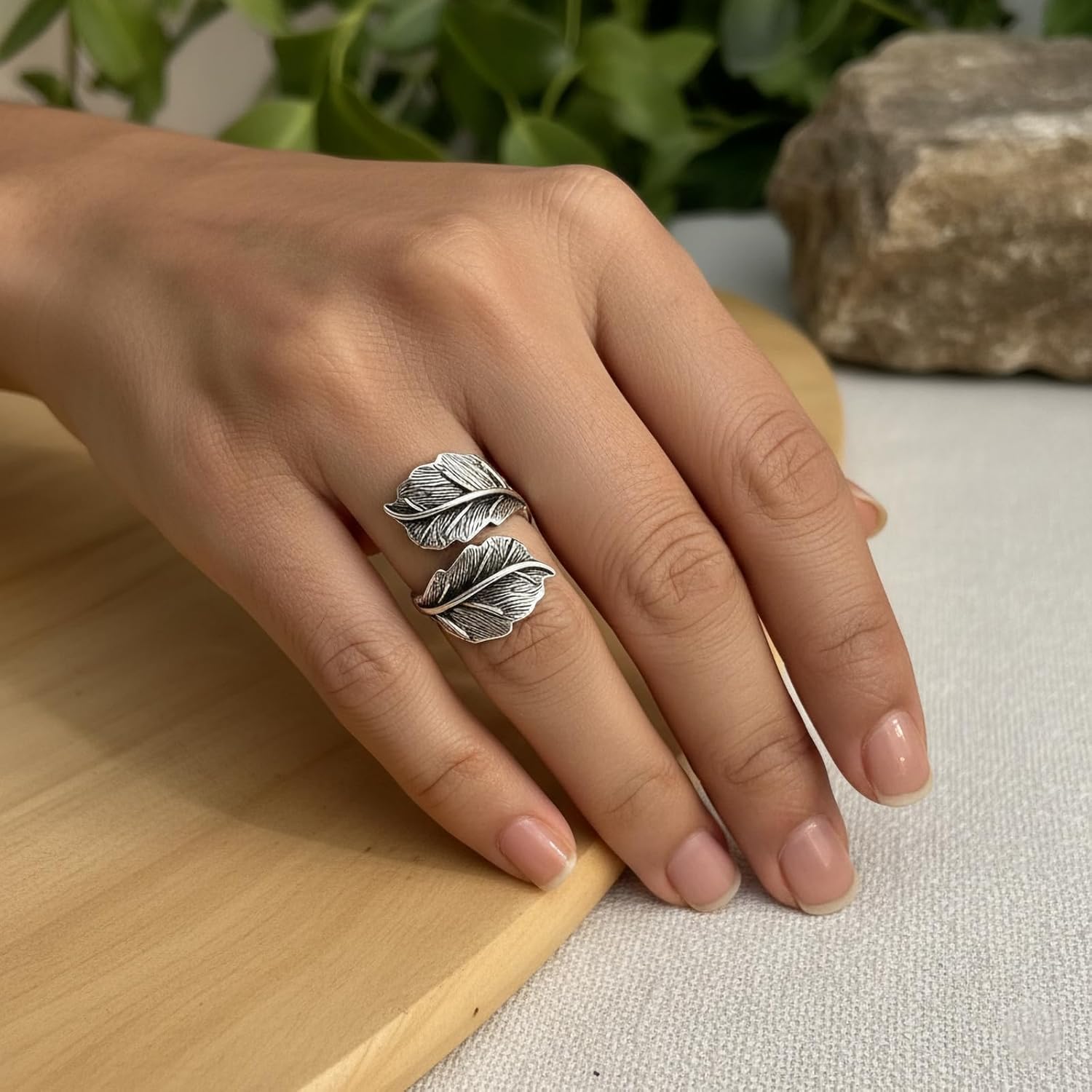 Leaf Ring, Vintage Silver Wrap Stackable Ring Personality Trendy Jewelry, Adjustable Open Stackable Statement Rings for Women - Image 2