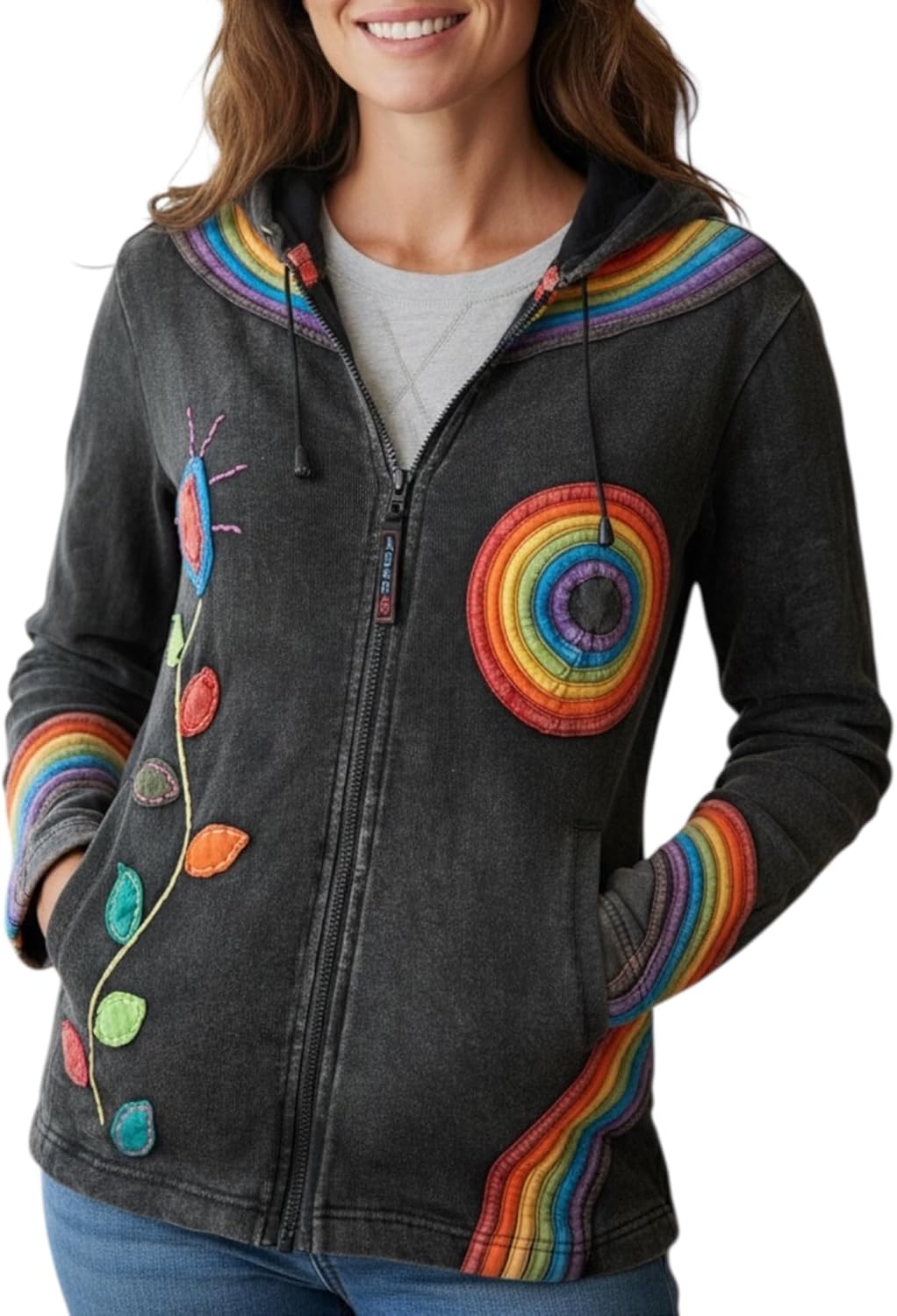 Agan Traders 2026 Embroidered Jackets for Women - Boho Tie Dye Patch Distressed Lightweight Women's Zip Up Hoodies Sweatshirt