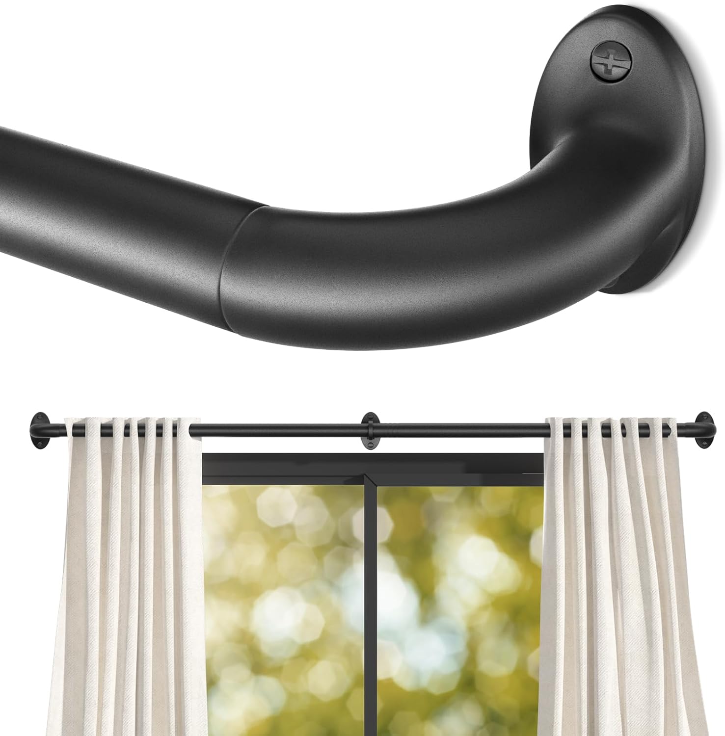 Wrap Around Extra Long Black Curtain Rod for Windows 72-144 Inch, 1 Inch Heavy Duty Blackout Curtain Rod 34-157 Inches, Adjustable Curved Metal Drapery Rod, Matte Black