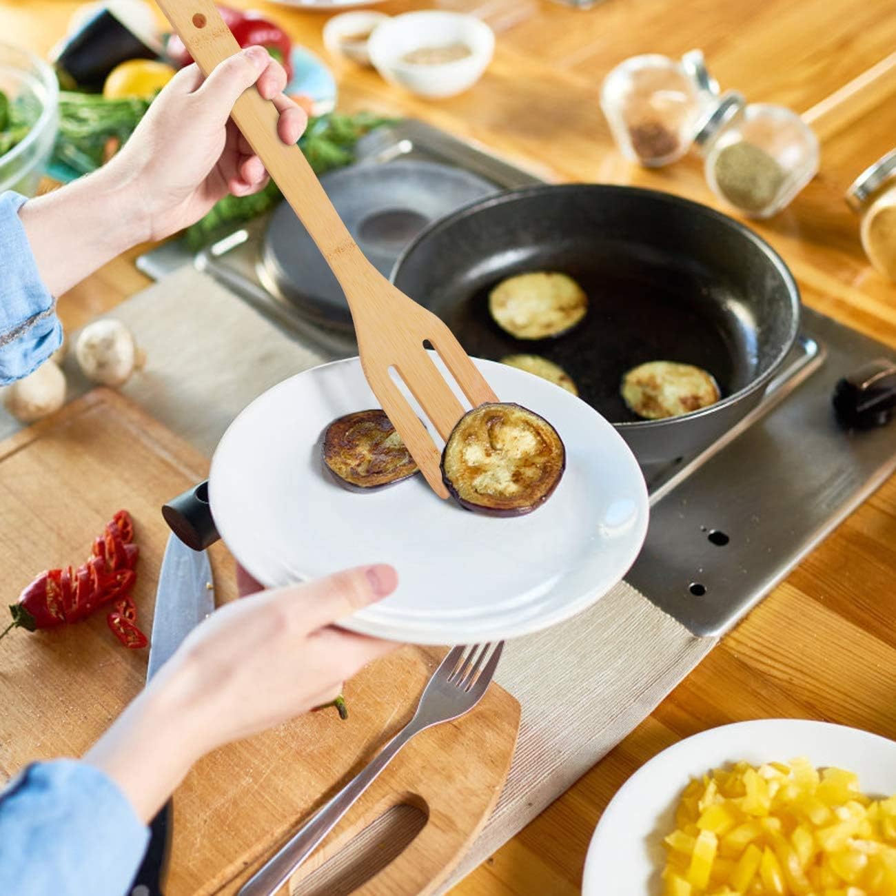 7 Pieces Wooden Spoons Bamboo Cooking Utensils Kitchen Tools Sets Non Stick Pan Serving Spatulas with Hanger