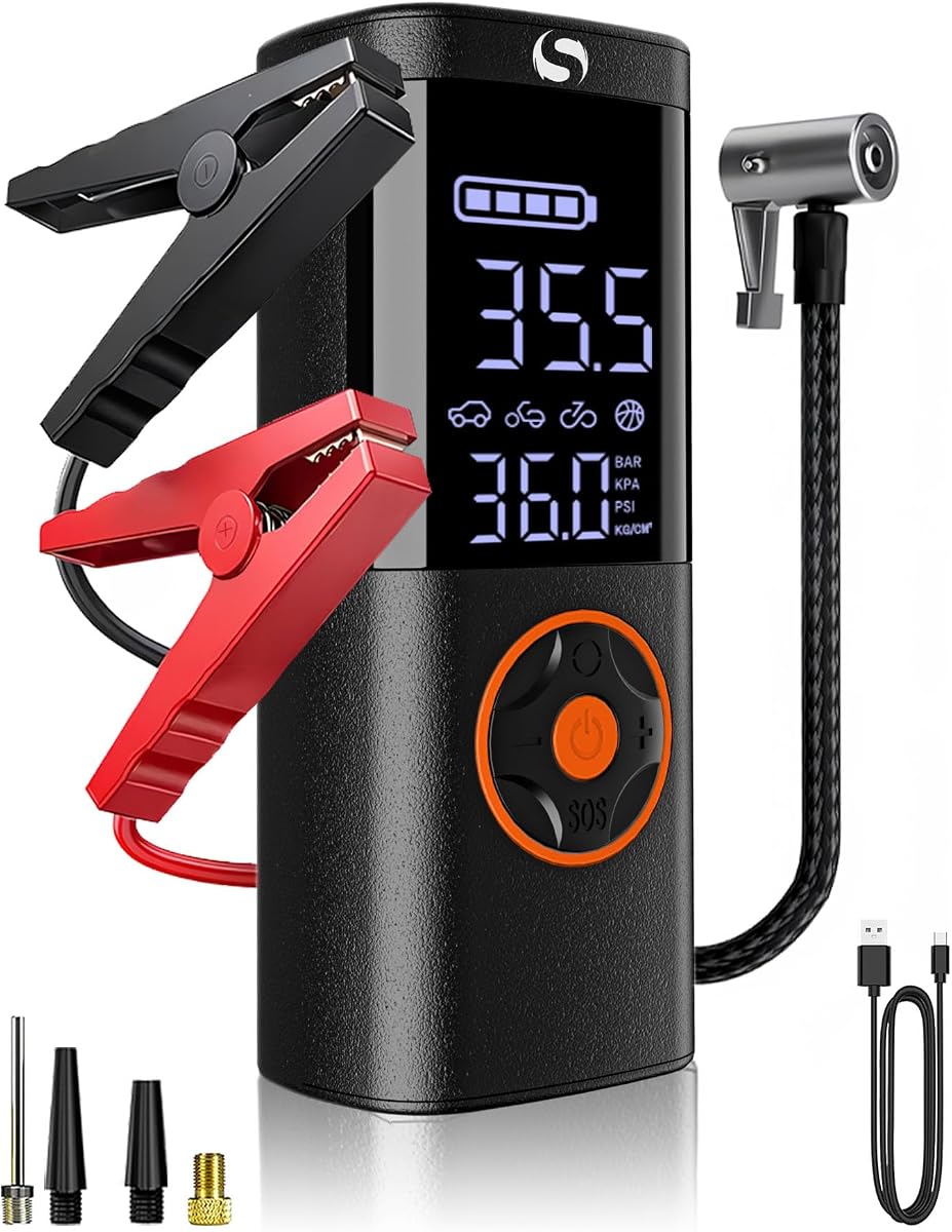 Jump Starter with Air Compressor, Jump Battery, Battery Jumper Starter Portable Jump Starter with LCD Display, Smart Jumper Cables, LED Light (Black)