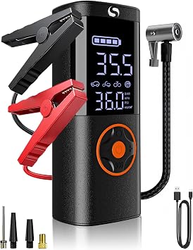 Jump Starter with Air Compressor, Jump Battery, Battery Jumper Starter Portable Jump Starter with LCD Display, Smart Jumper Cables, LED Light Black